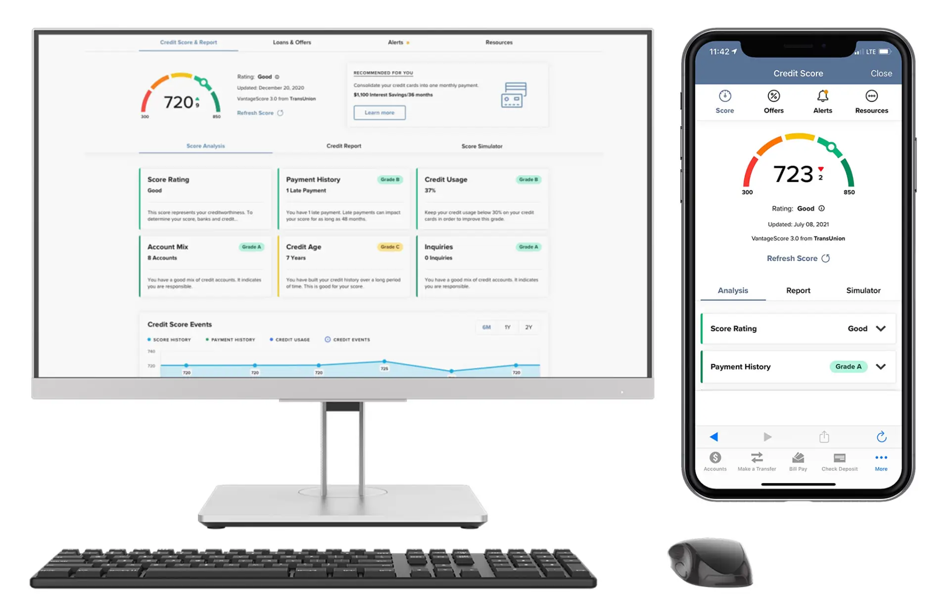 Credit report displayed on a computer and on a phone